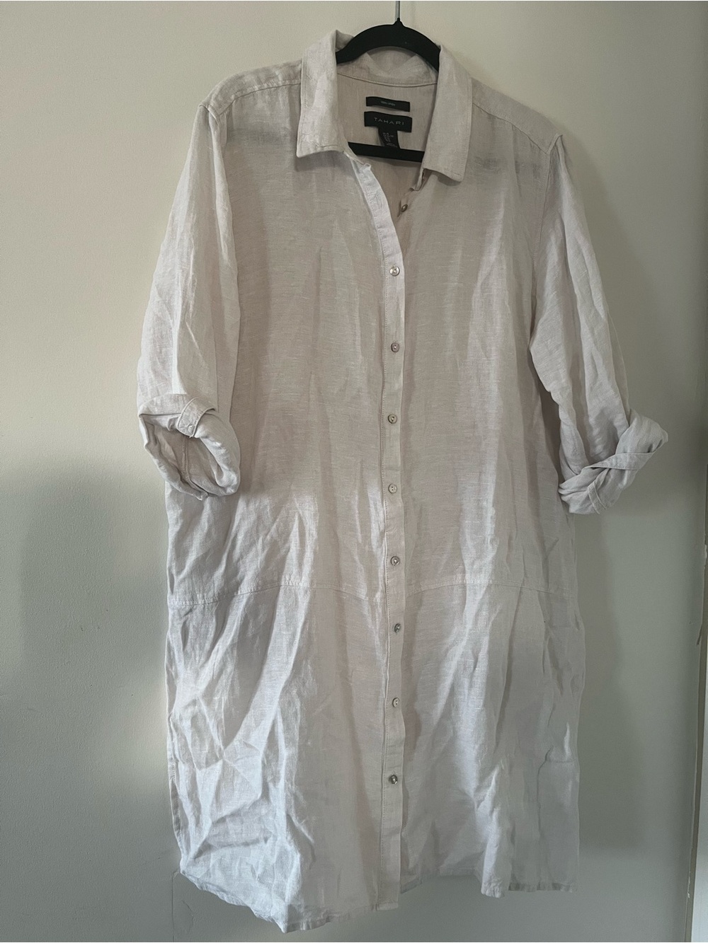 Tahari 100% Linen Beige Shirt Mini Dress XL Coastal Euro Summer Neutral Capsule